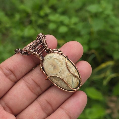 Root Palm Agate Gemstone Handmade Copper Wire Wrap Chain Pendant 1.96" Sunkarton