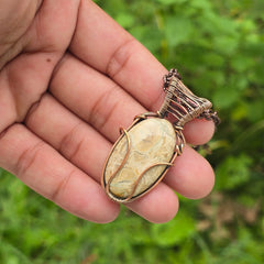 Root Palm Agate Gemstone Handmade Copper Wire Wrap Chain Pendant 1.96" Sunkarton