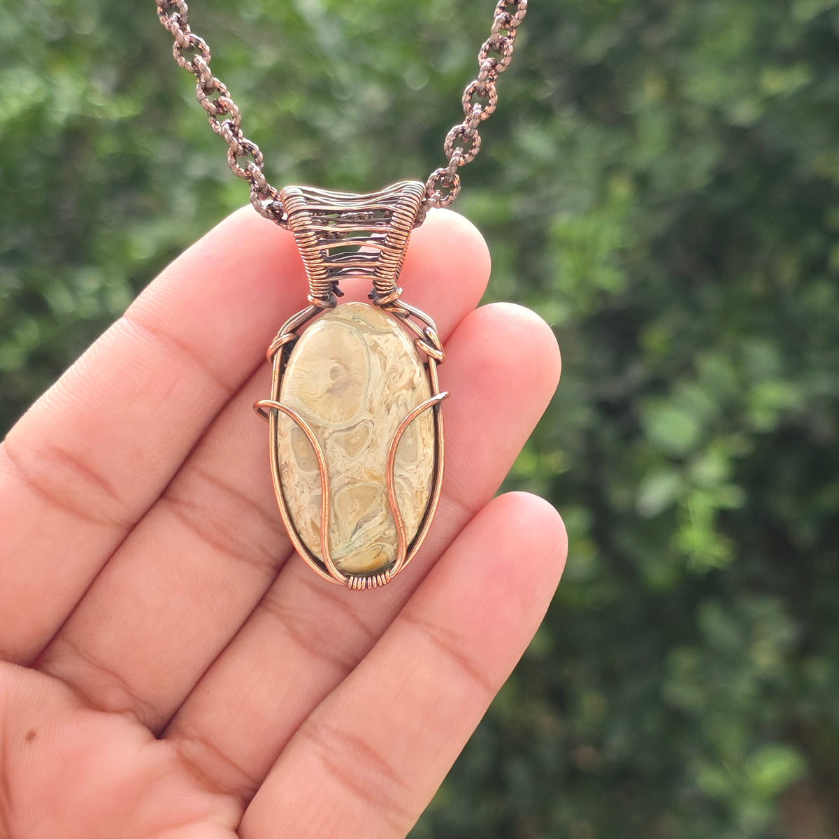Root Palm Agate Gemstone Handmade Copper Wire Wrap Chain Pendant 1.96" Sunkarton