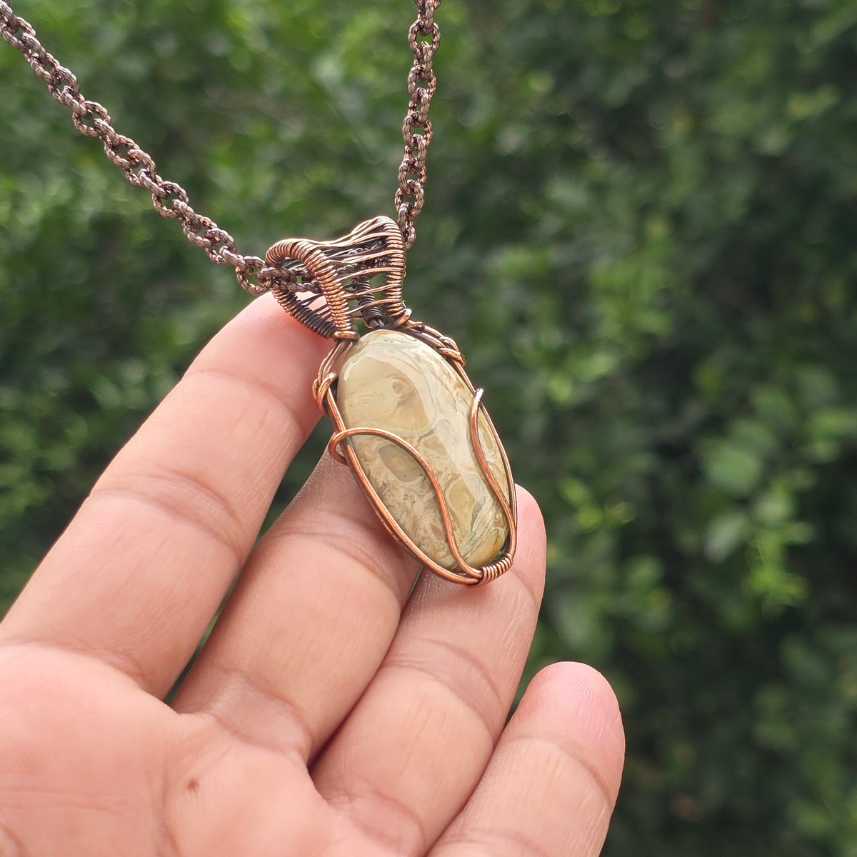 Root Palm Agate Gemstone Handmade Copper Wire Wrap Chain Pendant 1.96" Sunkarton