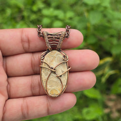Root Palm Agate Gemstone Handmade Copper Wire Wrap Chain Pendant 1.96" Sunkarton