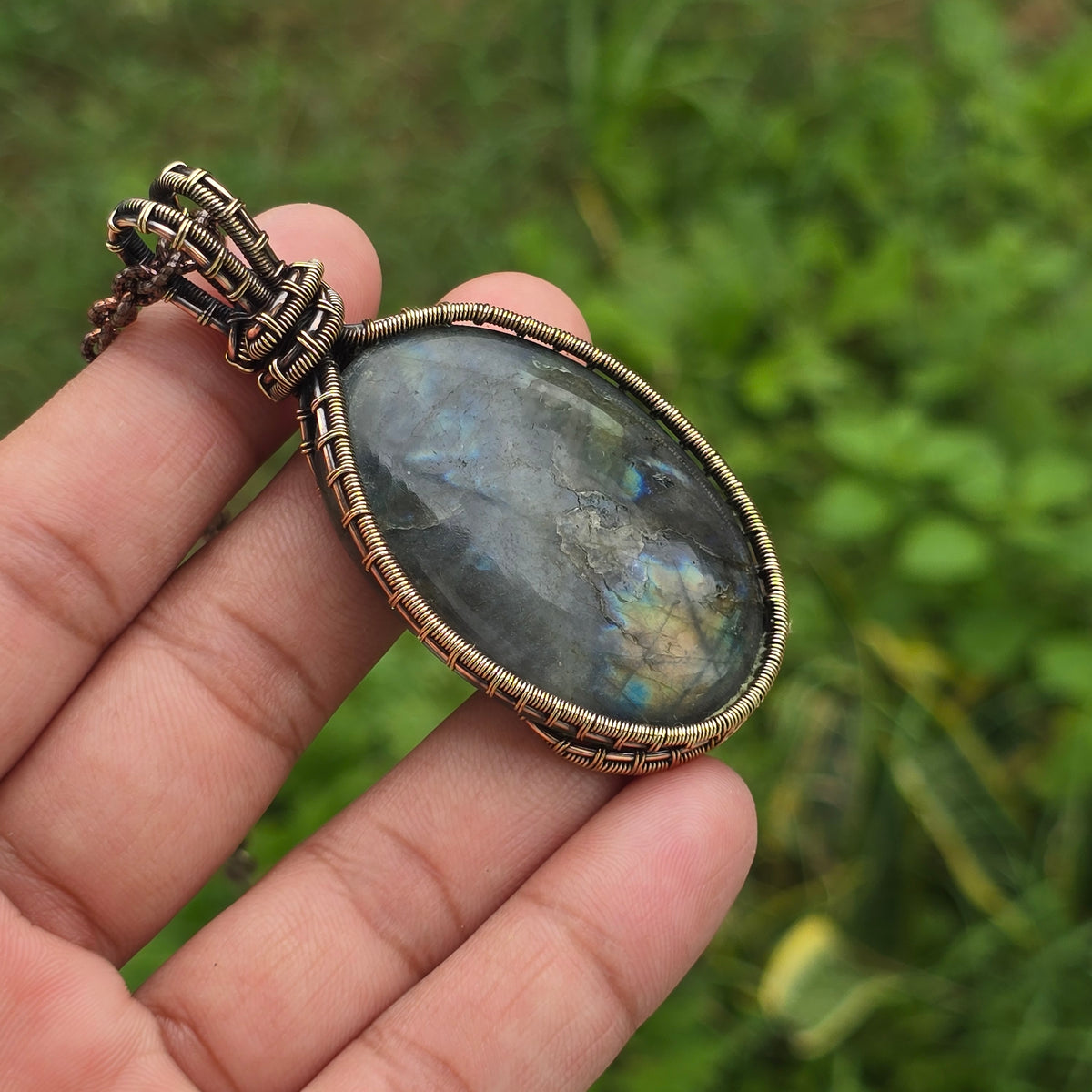 Labradorite Gemstone Handmade Copper Wire Wrap Chain Pendant 2.75" Sunkarton