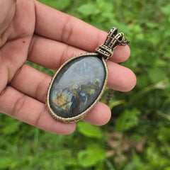 Labradorite Gemstone Handmade Copper Wire Wrap Chain Pendant 2.75" Sunkarton