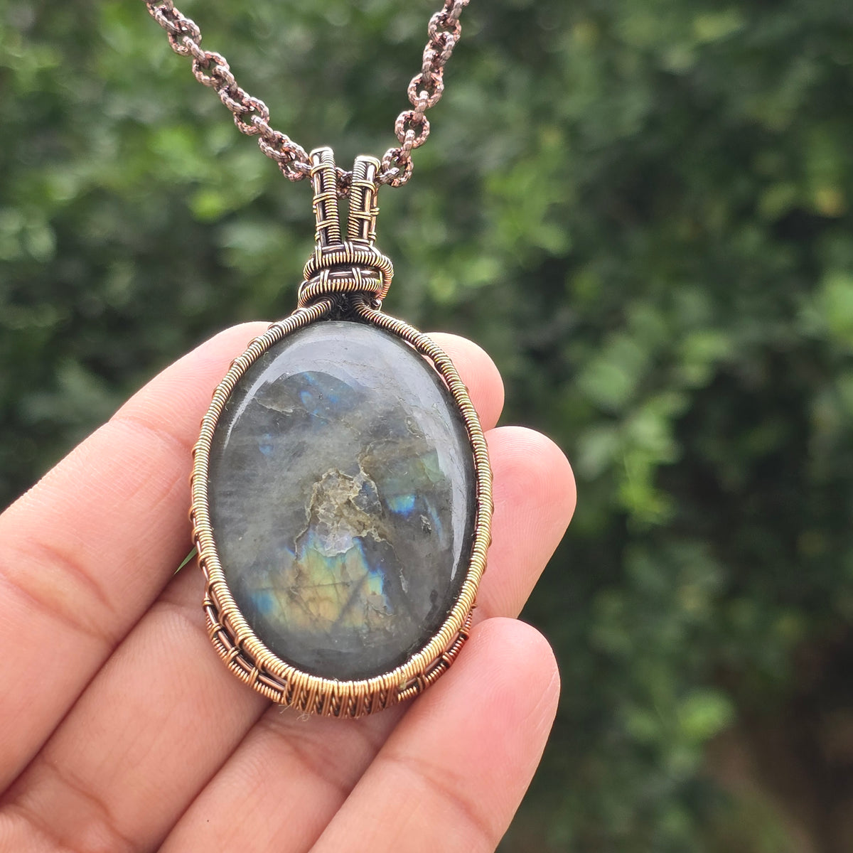 Labradorite Gemstone Handmade Copper Wire Wrap Chain Pendant 2.75" Sunkarton