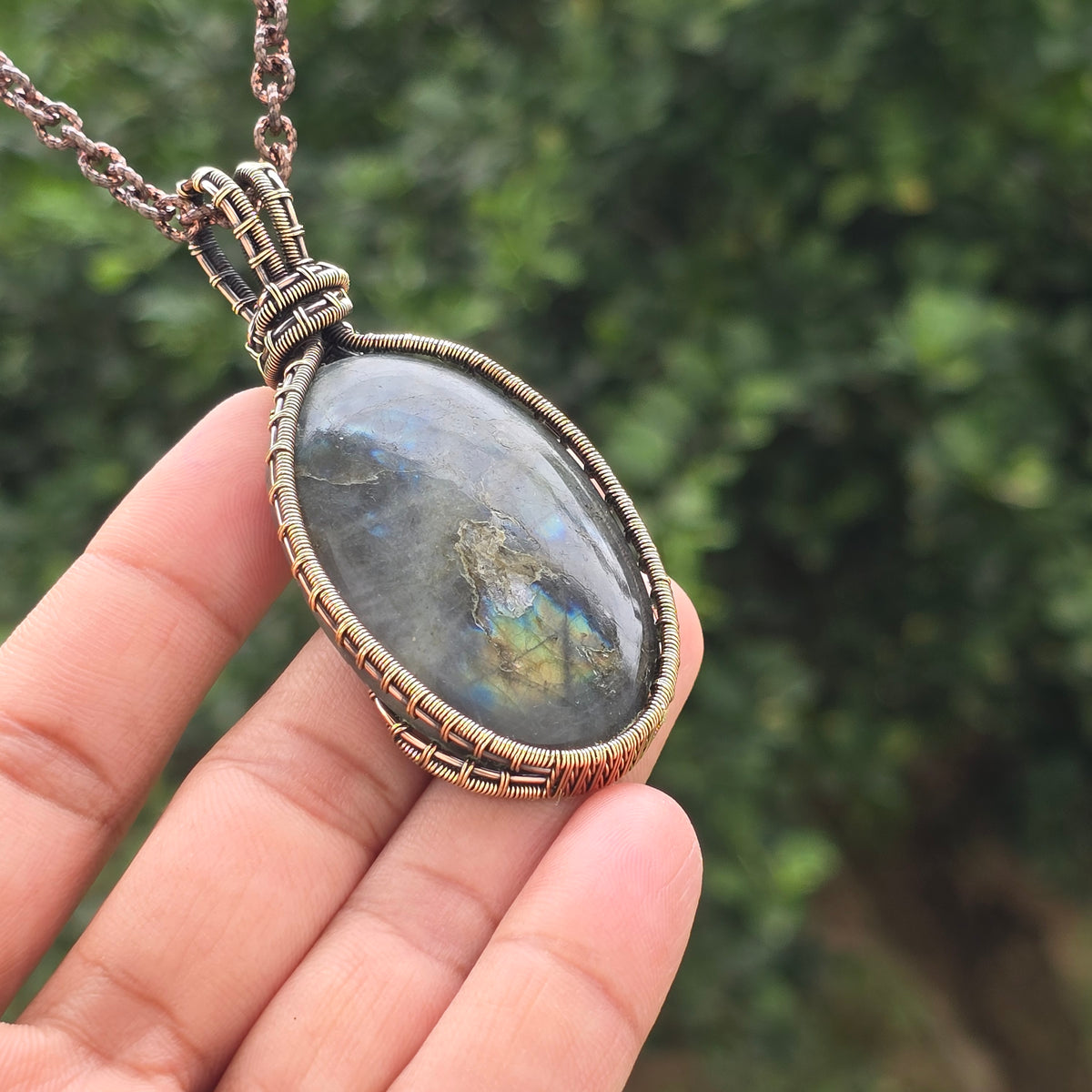 Labradorite Gemstone Handmade Copper Wire Wrap Chain Pendant 2.75" Sunkarton