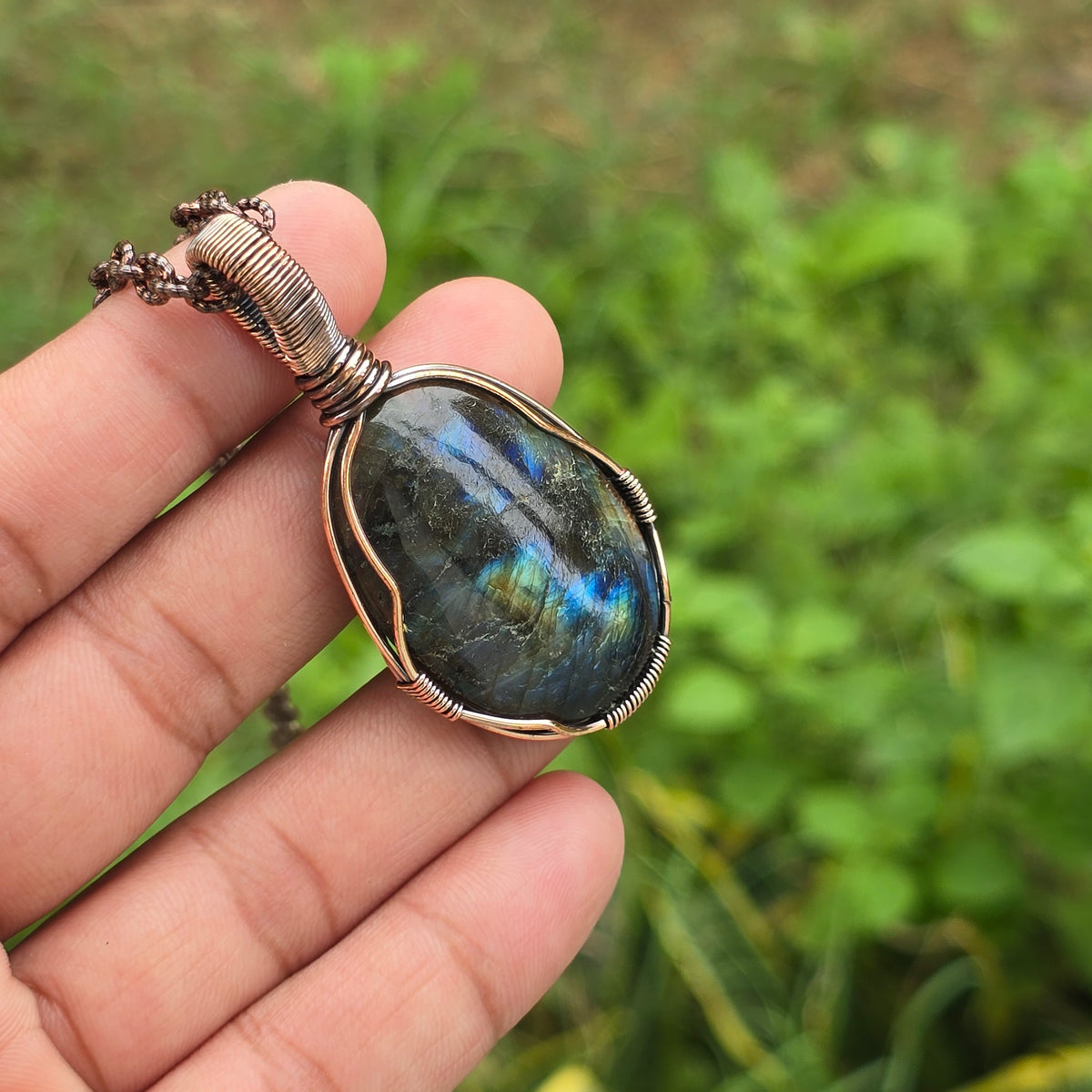 Labradorite Gemstone Handmade Copper Wire Wrap Chain Pendant 2.36" Sunkarton