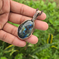 Labradorite Gemstone Handmade Copper Wire Wrap Chain Pendant 2.36" Sunkarton