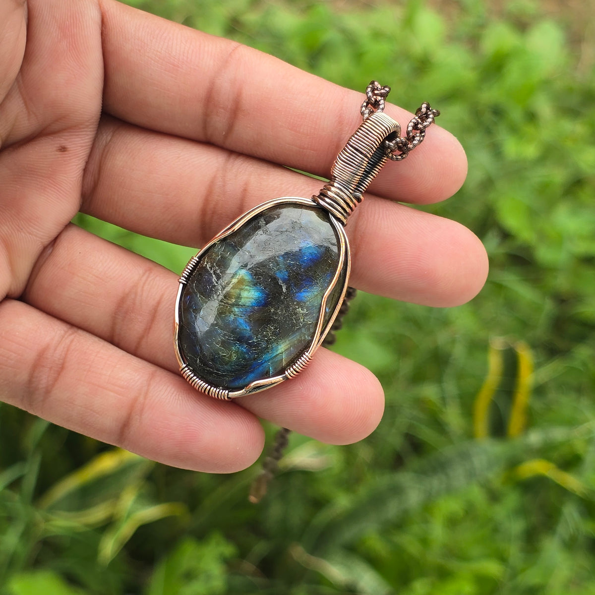 Labradorite Gemstone Handmade Copper Wire Wrap Chain Pendant 2.36" Sunkarton