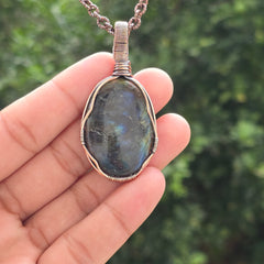 Labradorite Gemstone Handmade Copper Wire Wrap Chain Pendant 2.36" Sunkarton