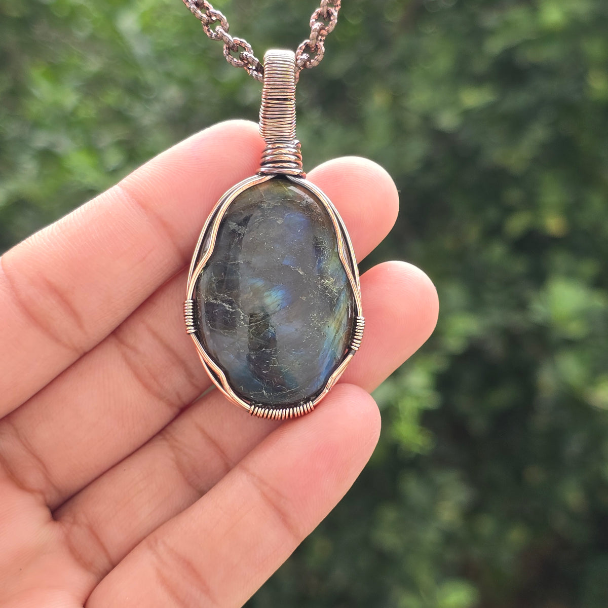 Labradorite Gemstone Handmade Copper Wire Wrap Chain Pendant 2.36" Sunkarton