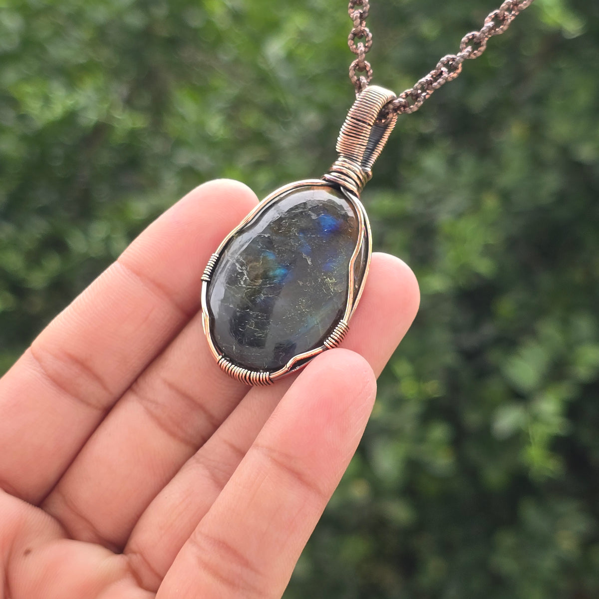 Labradorite Gemstone Handmade Copper Wire Wrap Chain Pendant 2.36" Sunkarton