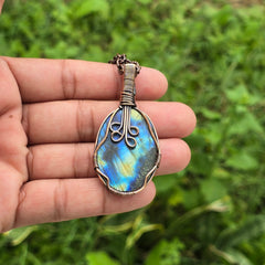 Labradorite Gemstone Handmade Copper Wire Wrap Chain Pendant 2.36" Sunkarton