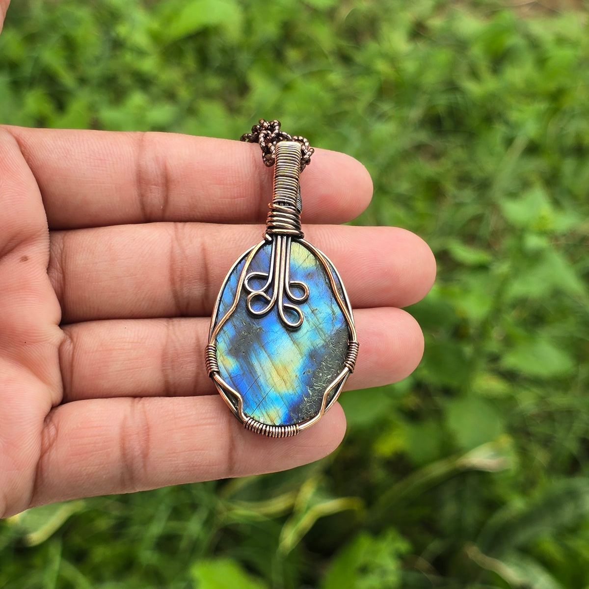 Labradorite Gemstone Handmade Copper Wire Wrap Chain Pendant 2.36" Sunkarton