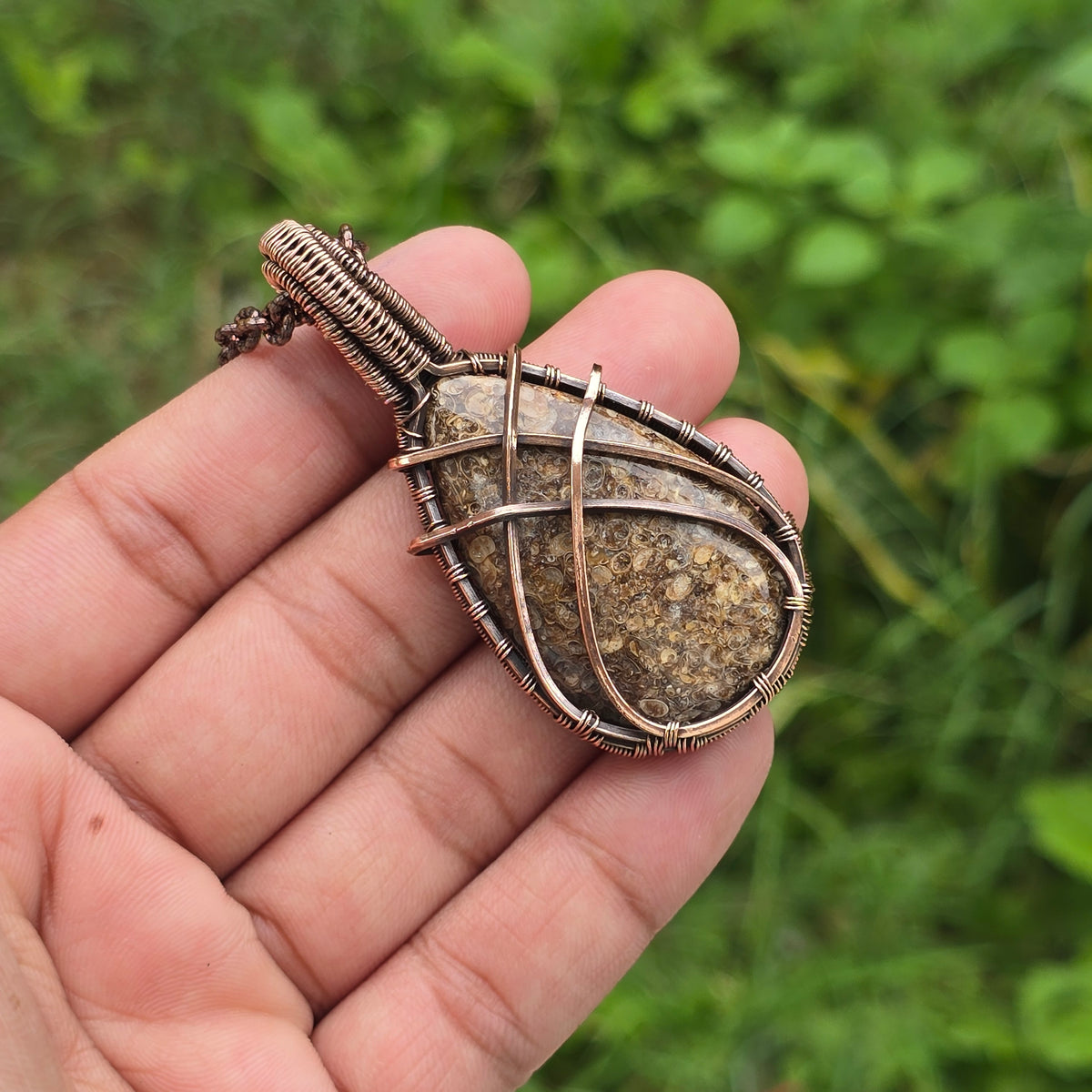Dinosaur Bone Fossil Gemstone Handmade Copper Wire Wrap Chain Pendant 2.55" Sunkarton