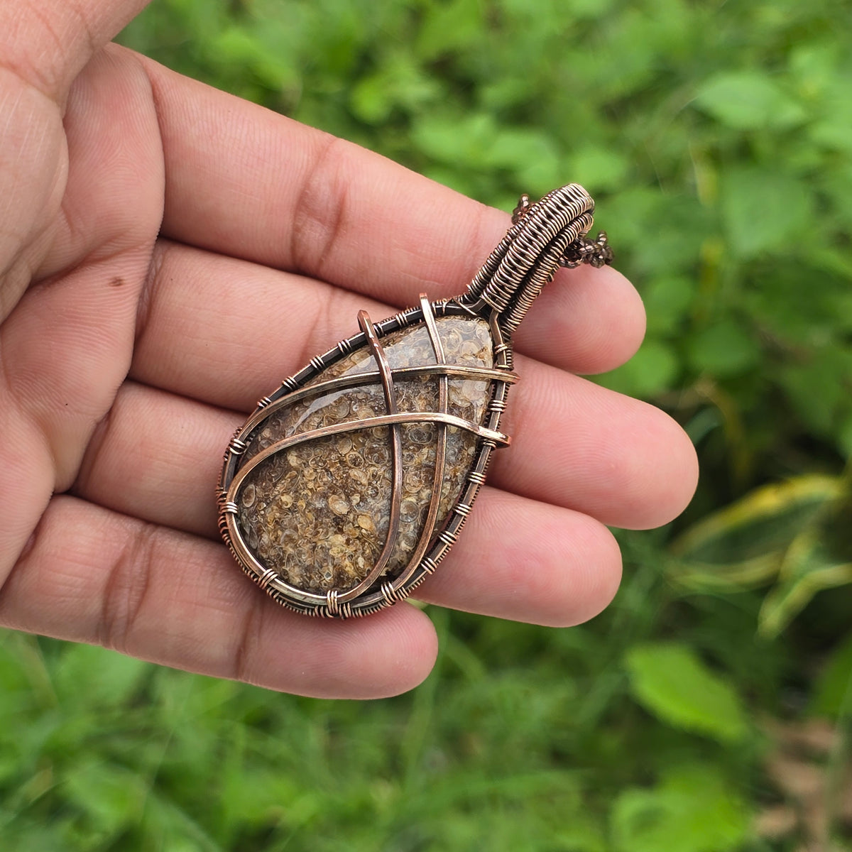 Dinosaur Bone Fossil Gemstone Handmade Copper Wire Wrap Chain Pendant 2.55" Sunkarton