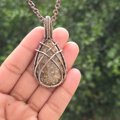 Dinosaur Bone Fossil Gemstone Handmade Copper Wire Wrap Chain Pendant 2.55" Sunkarton