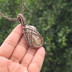 Dinosaur Bone Fossil Gemstone Handmade Copper Wire Wrap Chain Pendant 2.55" Sunkarton