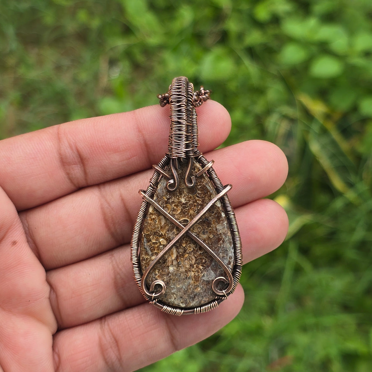 Dinosaur Bone Fossil Gemstone Handmade Copper Wire Wrap Chain Pendant 2.55" Sunkarton