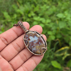 Red Plum Root Agate Gemstone Handmade Copper Wire Wrap Chain Pendant 2.36" Sunkarton