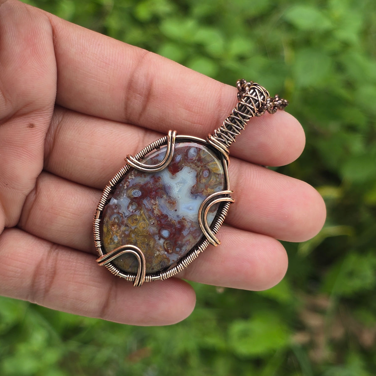 Red Plum Root Agate Gemstone Handmade Copper Wire Wrap Chain Pendant 2.36" Sunkarton