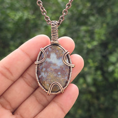 Red Plum Root Agate Gemstone Handmade Copper Wire Wrap Chain Pendant 2.36" Sunkarton