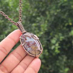 Red Plum Root Agate Gemstone Handmade Copper Wire Wrap Chain Pendant 2.36" Sunkarton