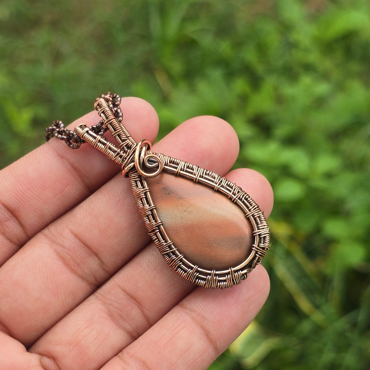 Red Jasper Gemstone Handmade Copper Wire Wrap Chain Pendant 2.16" Sunkarton