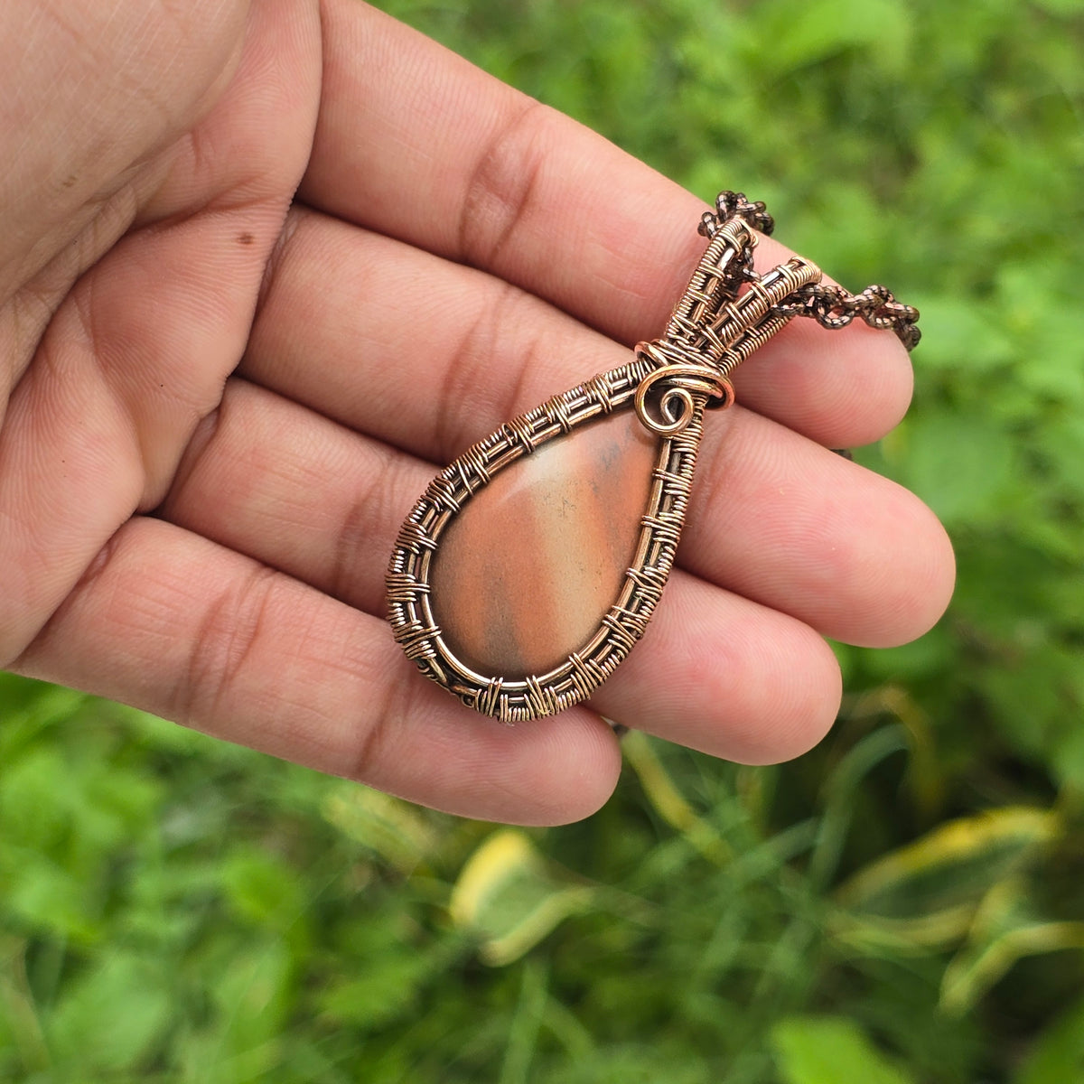 Red Jasper Gemstone Handmade Copper Wire Wrap Chain Pendant 2.16" Sunkarton