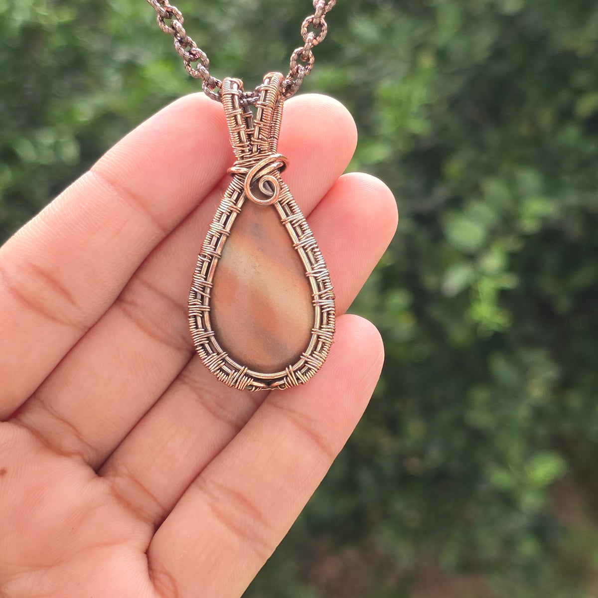 Red Jasper Gemstone Handmade Copper Wire Wrap Chain Pendant 2.16" Sunkarton