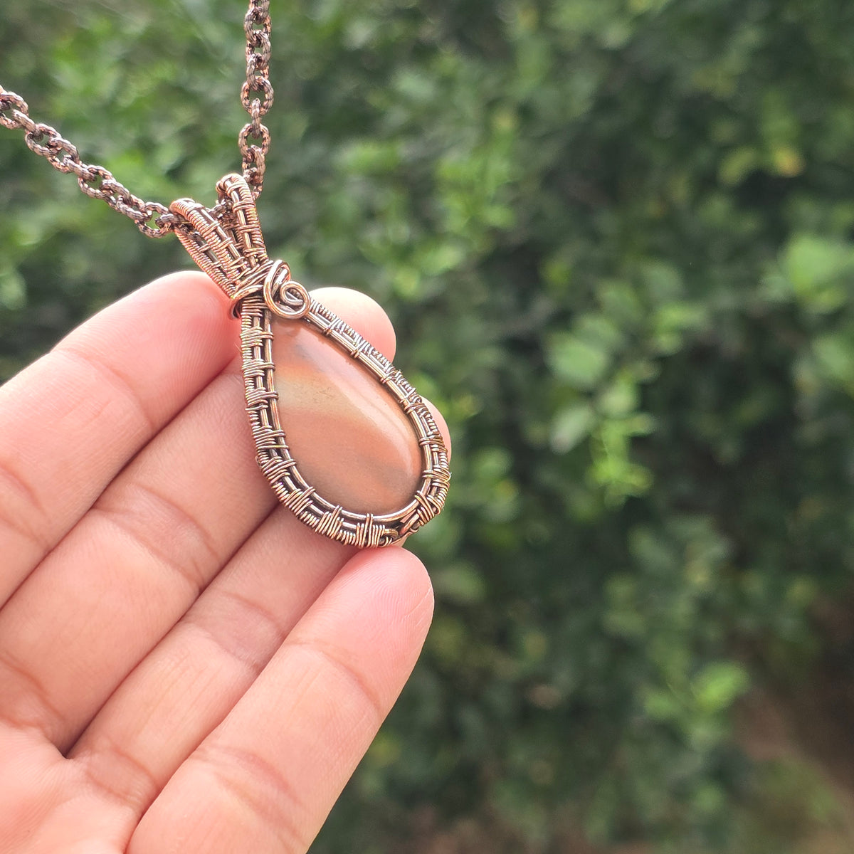 Red Jasper Gemstone Handmade Copper Wire Wrap Chain Pendant 2.16" Sunkarton