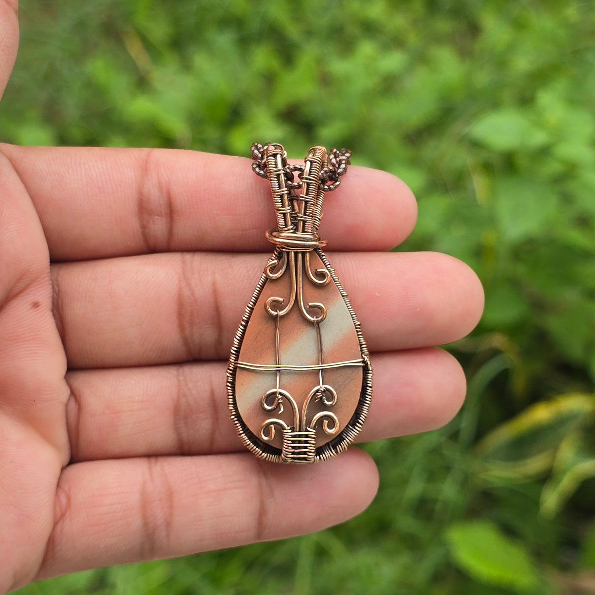 Red Jasper Gemstone Handmade Copper Wire Wrap Chain Pendant 2.16" Sunkarton
