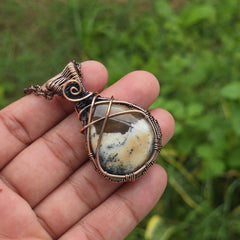 Dendrite opal Gemstone Handmade Copper Wire Wrap Chain Pendant 2.16" Sunkarton