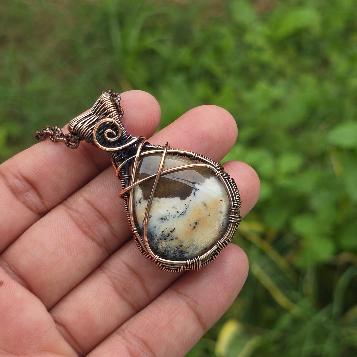 Dendrite opal Gemstone Handmade Copper Wire Wrap Chain Pendant 2.16" Sunkarton
