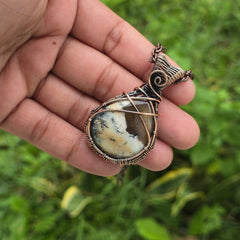 Dendrite opal Gemstone Handmade Copper Wire Wrap Chain Pendant 2.16" Sunkarton