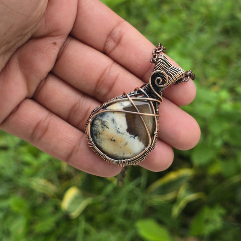 Dendrite opal Gemstone Handmade Copper Wire Wrap Chain Pendant 2.16