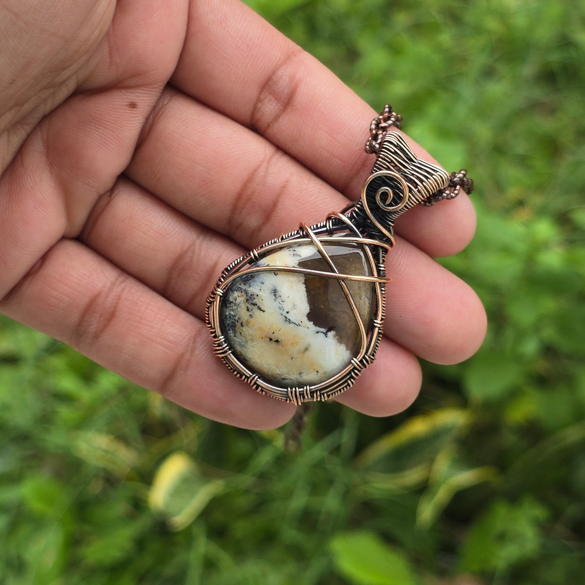 Dendrite opal Gemstone Handmade Copper Wire Wrap Chain Pendant 2.16" Sunkarton