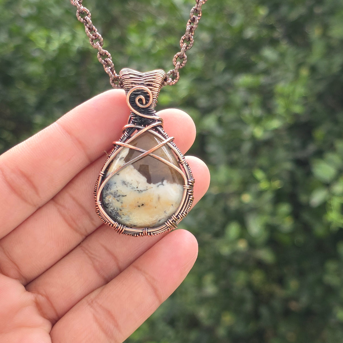 Dendrite opal Gemstone Handmade Copper Wire Wrap Chain Pendant 2.16" Sunkarton