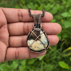 Dendrite opal Gemstone Handmade Copper Wire Wrap Chain Pendant 2.16" Sunkarton