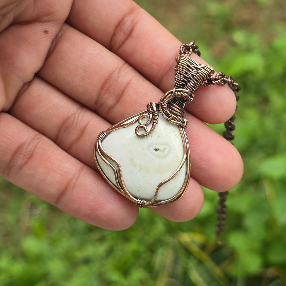 Solar Quartz Gemstone Handmade Copper Wire Wrap Chain Pendant 1.96" Sunkarton