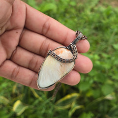 Scolecite  Gemstone Handmade Copper Wire Wrap Chain Pendant 2.75" Sunkarton