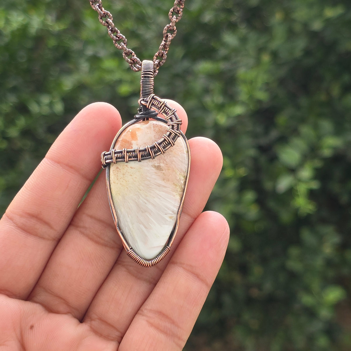 Scolecite  Gemstone Handmade Copper Wire Wrap Chain Pendant 2.75" Sunkarton