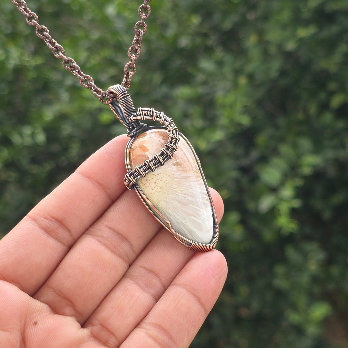 Scolecite  Gemstone Handmade Copper Wire Wrap Chain Pendant 2.75" Sunkarton
