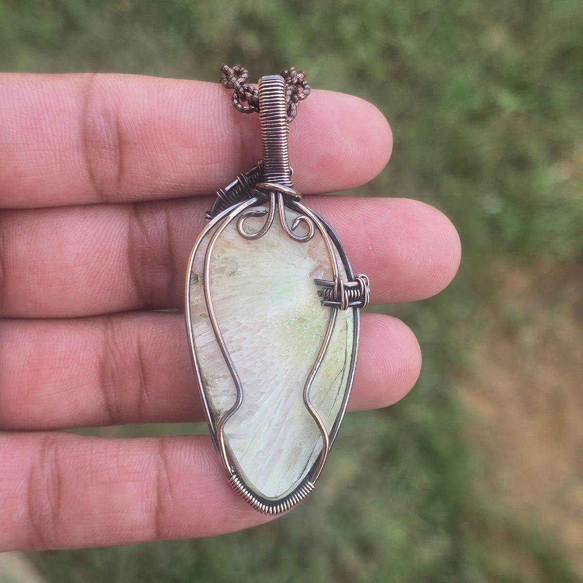 Scolecite  Gemstone Handmade Copper Wire Wrap Chain Pendant 2.75" Sunkarton