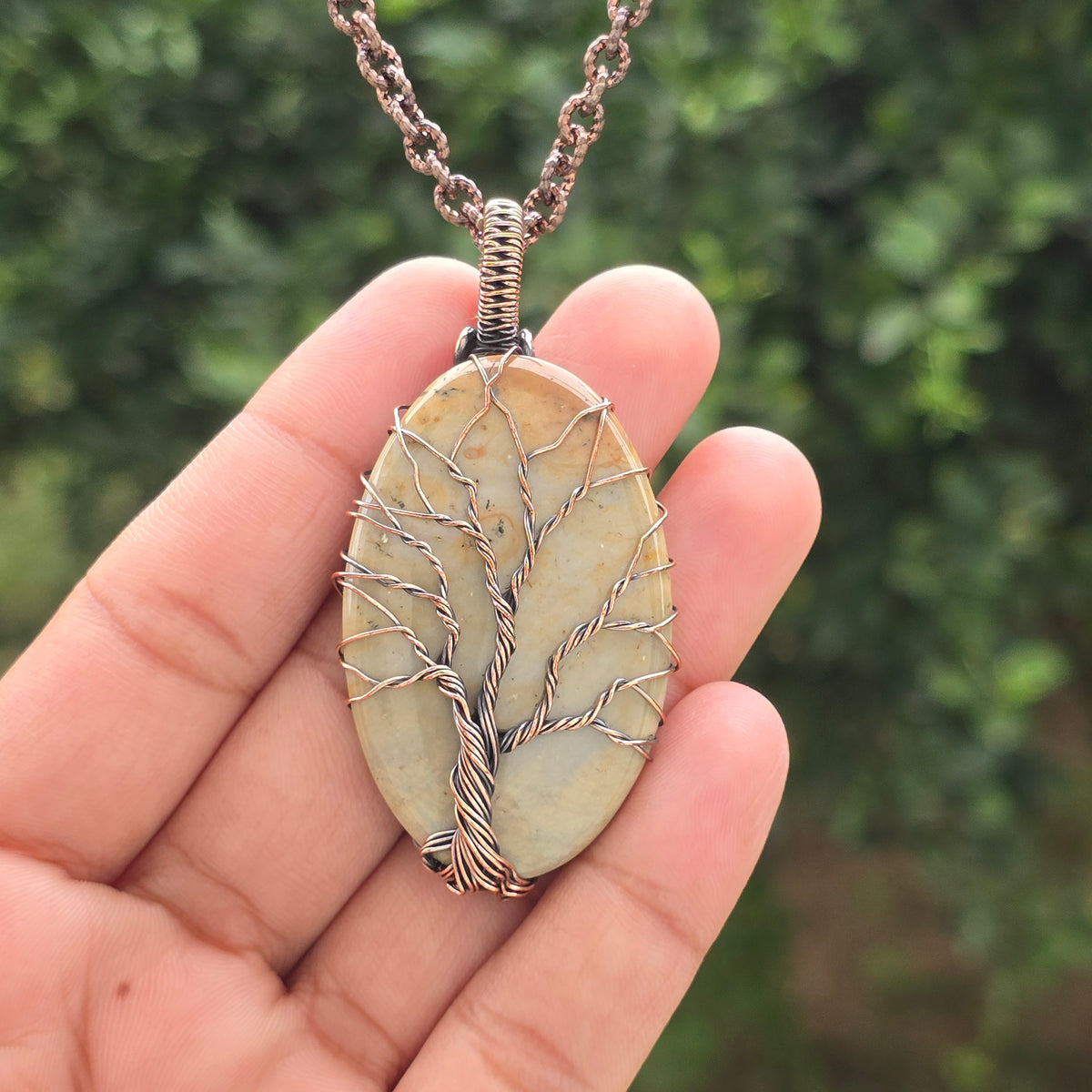 Polychrome Jasper Gemstone Handmade Copper Wire Wrap Chain Pendant 2.75" Sunkarton