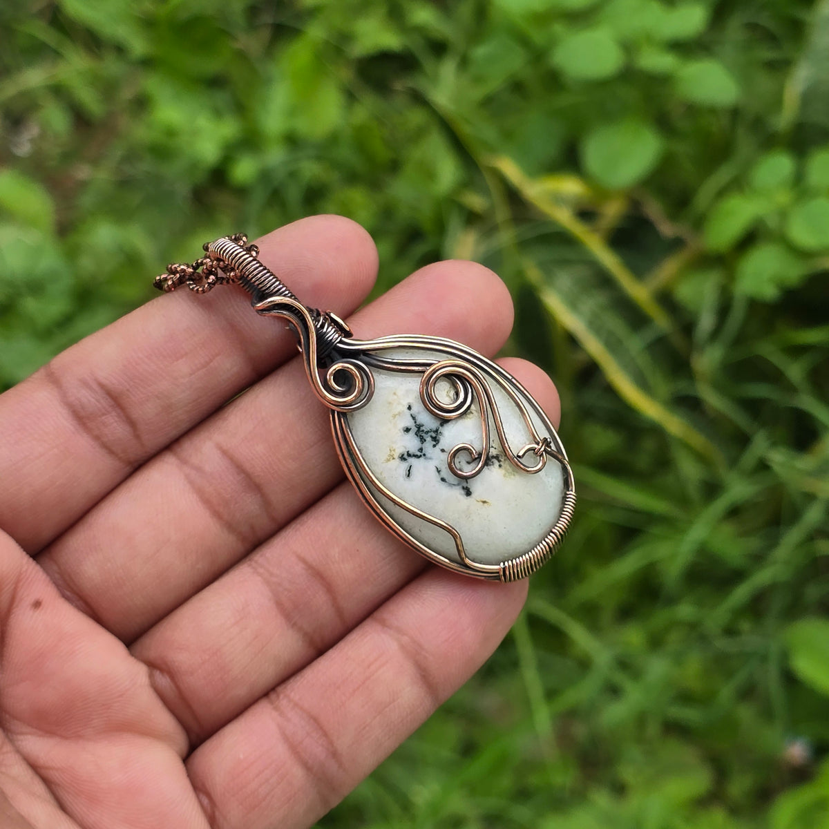 Solar Quartz Gemstone Handmade Copper Wire Wrap Chain Pendant 2.55" Sunkarton
