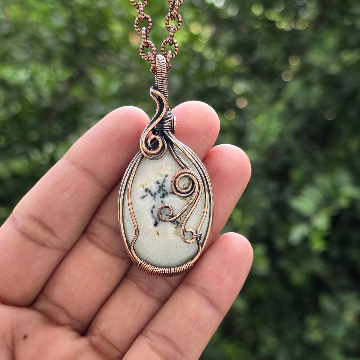 Solar Quartz Gemstone Handmade Copper Wire Wrap Chain Pendant 2.55" Sunkarton