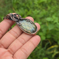 Labradorite Gemstone Handmade Copper Wire Wrap Chain Pendant 2.36" Sunkarton