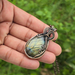 Labradorite Gemstone Handmade Copper Wire Wrap Chain Pendant 2.36" Sunkarton