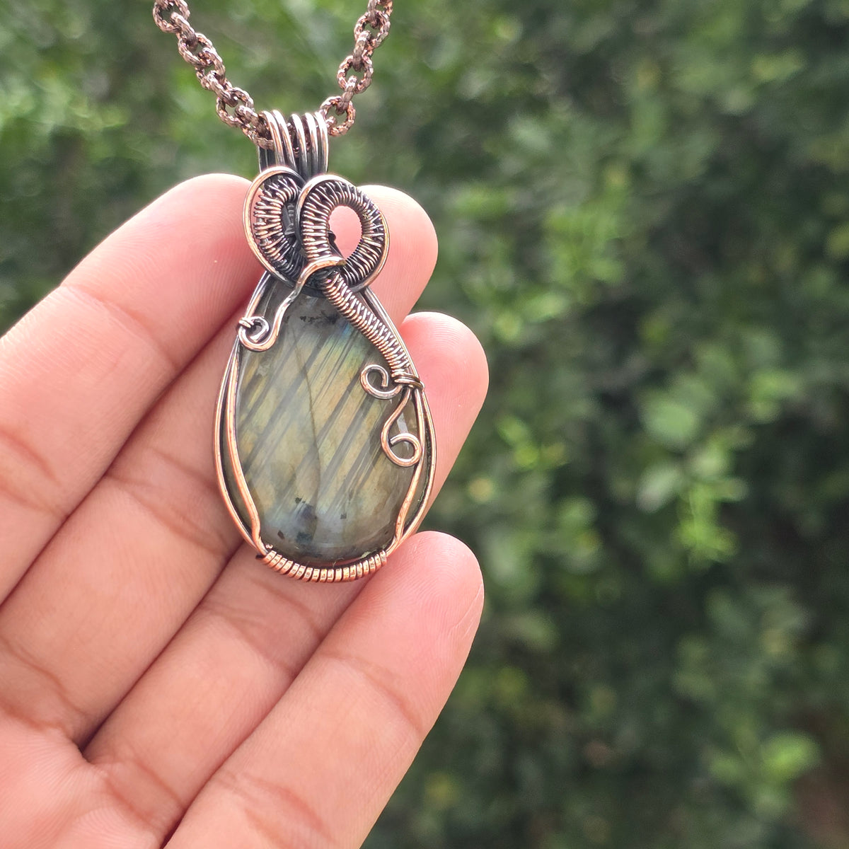 Labradorite Gemstone Handmade Copper Wire Wrap Chain Pendant 2.36" Sunkarton