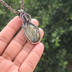 Labradorite Gemstone Handmade Copper Wire Wrap Chain Pendant 2.36" Sunkarton